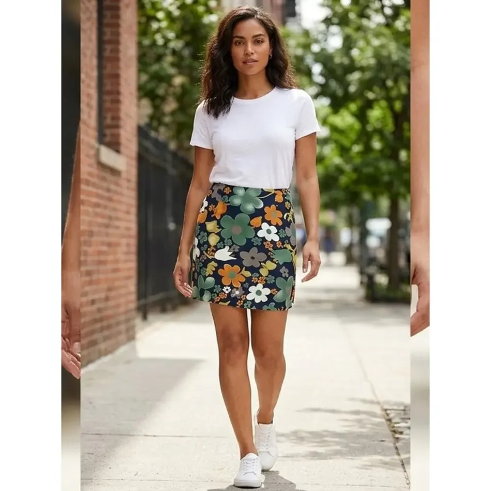 Express Made in USA Navy Mini Casual Floral Skirt Women Size 9/10